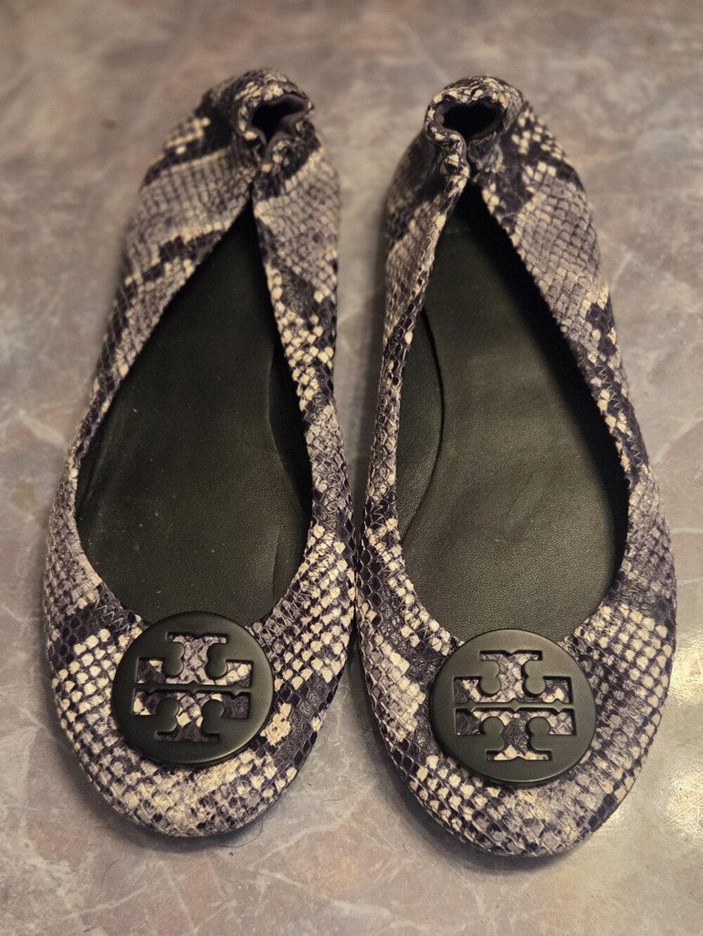 Tory Burch Snake Print Reva Flats in Black and Cream